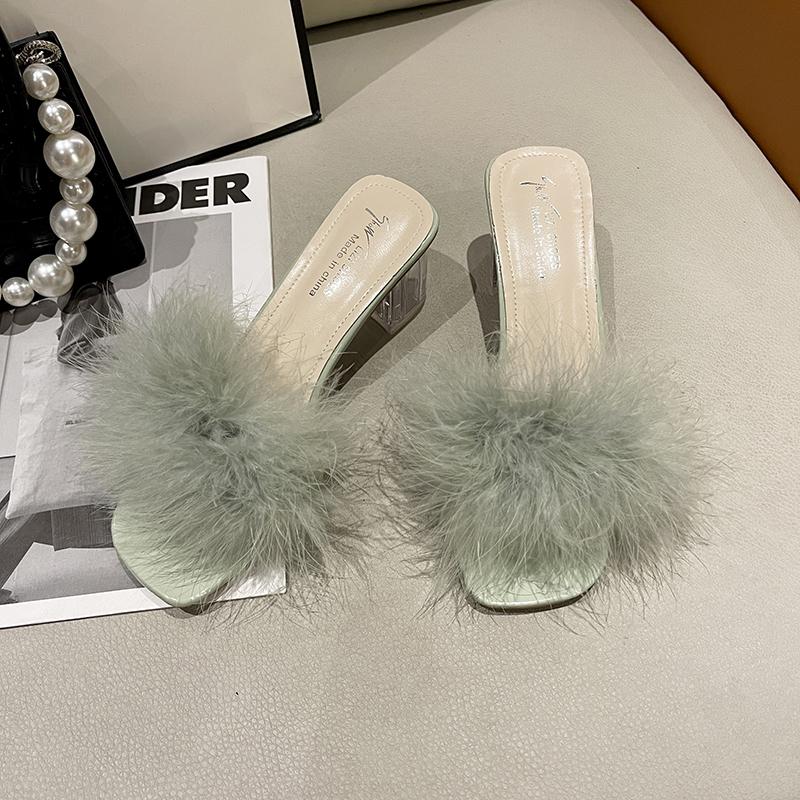 Fashion Aphixta Furry 4.5cm High Heel Slides Sweet Woman Shoes Colorful Fur Design Transportant Heel Slides Sandals Classic Dress Shoes