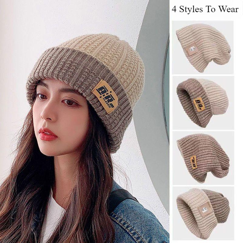 

Зимняя шапка Баотоу, плюшевая вязаная женская пуловерная шапка, свитер с воротником, вязаная шерстяная ветронепроницаемая шапка с ушами бежевый