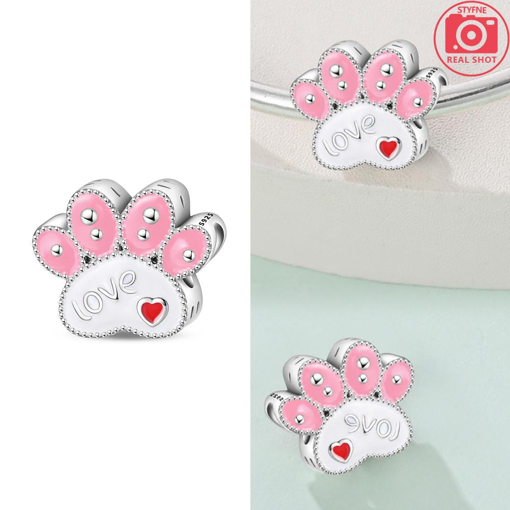 925 Silver Pink Claw Bones Running Dog Pendant Heart Bead Fit Bracelet Women Jewelry Diy Childish Fine Gift