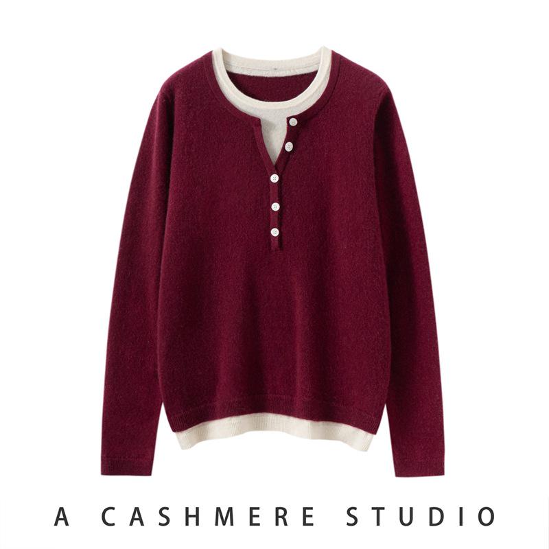 Women's Color Block Cashmere Sweater - 2025 Autumn/Winter Collection - Half-Open Round Neck Pullover