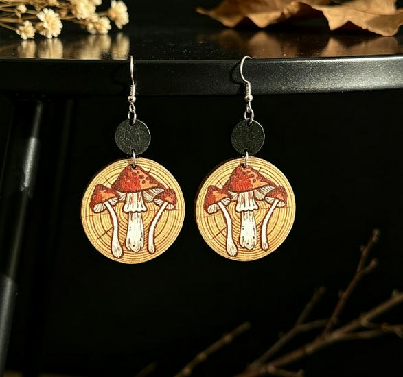 Retro Geometric Mushroom Wood Earrings