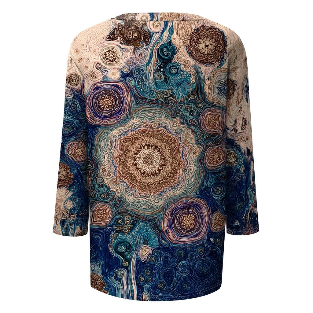 Trendy Vintage 3/4 Sleeve Top For Women,Ladies Casual Three Quarter Sleeve Round Collar Printed T-Shirt Blouse