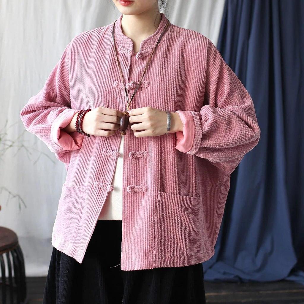 Johnature Women Vintage Stand Jackets Stand Long Sleeve Autumn Coats Button Solid Color Patchwork Pockets Jackets