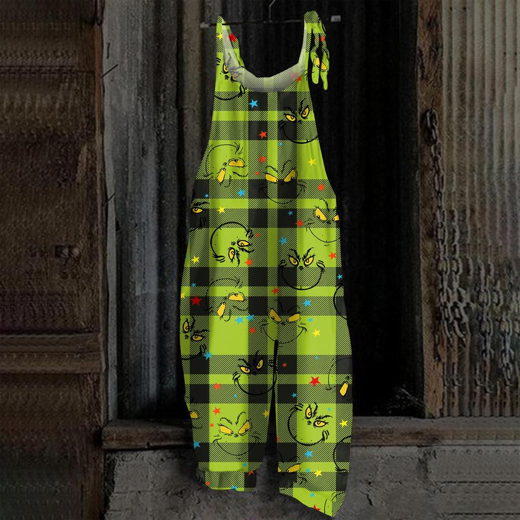 Damen Jumpsuit Halloween Print Lässig Locker Vintage Schulterträger Baumwolle Leinen