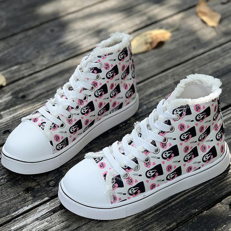 Women's Board Shoes Printed Large Size High-top Canvas Shoes Flat-soled Lace-up Casual Shoes