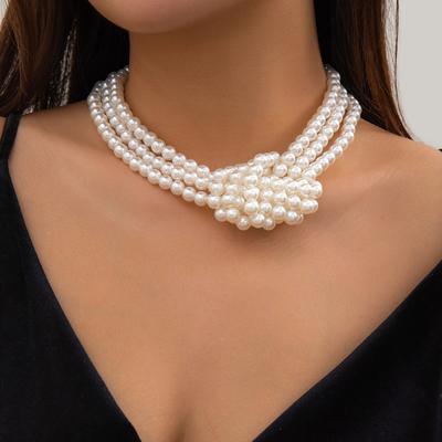Salircon Gothic Multi-layer Imitation Pearl Chain Necklace Punk Knot Bead Chain Choker Necklace Women's Banquet Party Jewelry