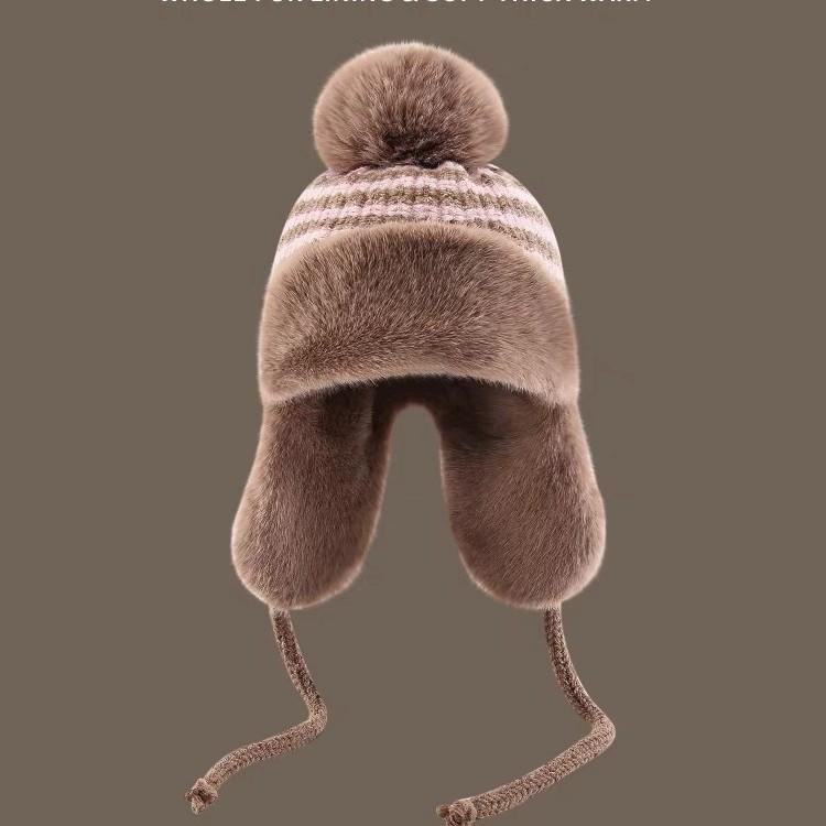 Winter Plush Thickened Wool Ball Knitted Plush Lei Feng Hat for Women's Ear Protection Hat Stripes Retro Big Head Cycling Hat
