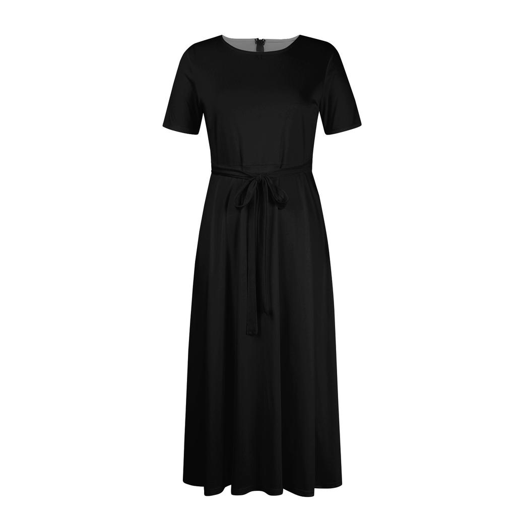 Damska sukienka casualowa w dużym rozmiarze, jednokolorowa, z okrągłym dekoltem, krótkim rękawem, kieszeniami i paskami