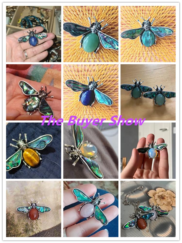 35x56mm Cute Bee Shape Pendant Natural Stone Crystal Agate Abalone Shell Brooch Charms for Jewelry Making DIY Necklace Accessory