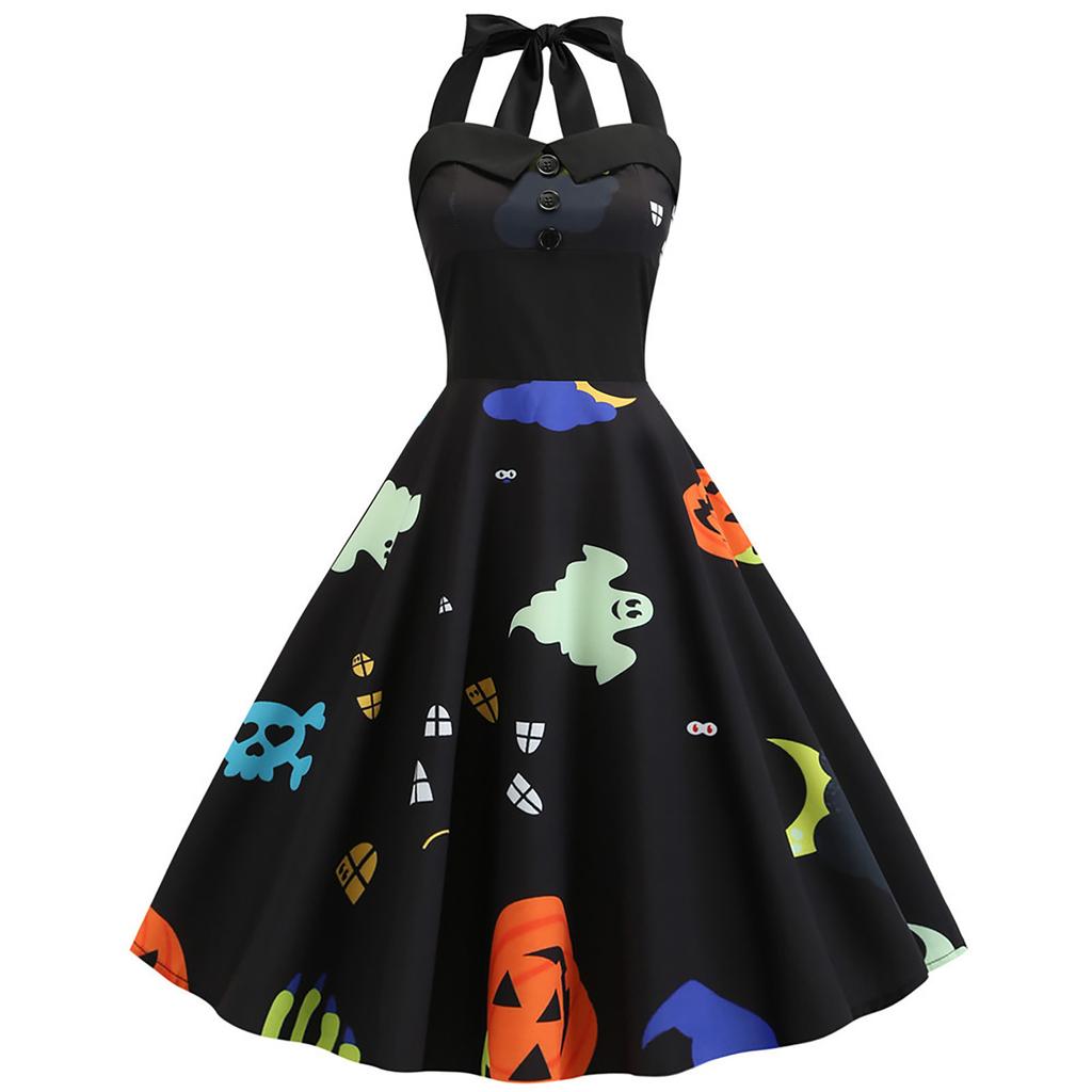 Women Casual Fashion Sleeveless V-neck Button Printed Halloween Dress