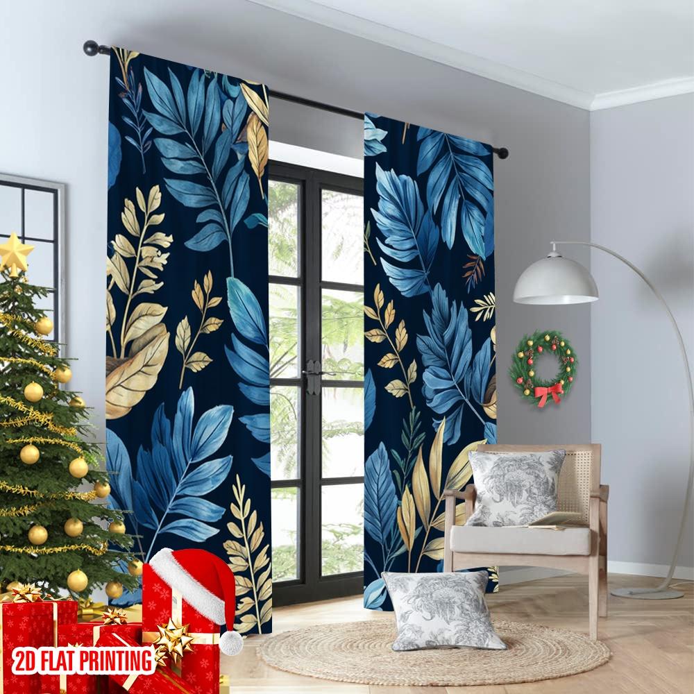 Set Of 2 Flat Printing Curtain Tropical Leaf Blue Gold Digital Printed Polyester Drapes Festive Holiday Perfect Room Bedroom Ideal For