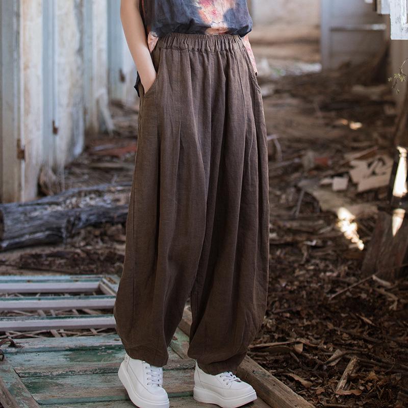 Ramie Distressed Cotton-Linen Women's Retro Lantern Pants