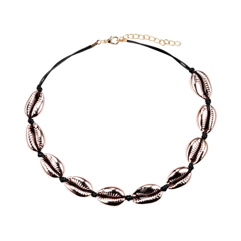 Bohemian White Shell Necklace with Rose Gold Clavicle Chain - Handmade Woven Jewelry with Lobster Clasp.