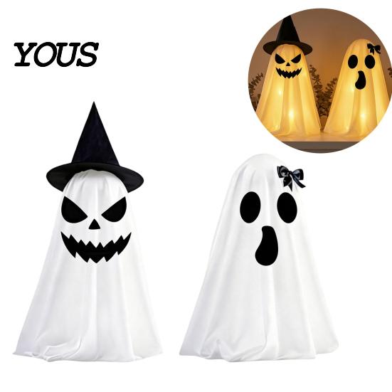 Halloween Ghost Decor Decoration, Indoor Tabletop Standing with Witch Spooky White Ornament Hat/Bow for Mantel Dining Table Party Home