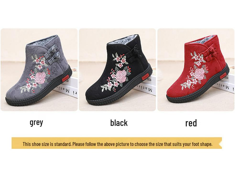Botines Retro Bordados para Mujer - Zapatos de Mamá de Algodón Felpudo Cálido, Estilo Étnico.
