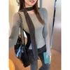 Round Neck Right Shoulder Splicing Brushed Thickened Bottoming Shirt Top Autumn and Winter with Slim Waist Long-sleeved T-shirt