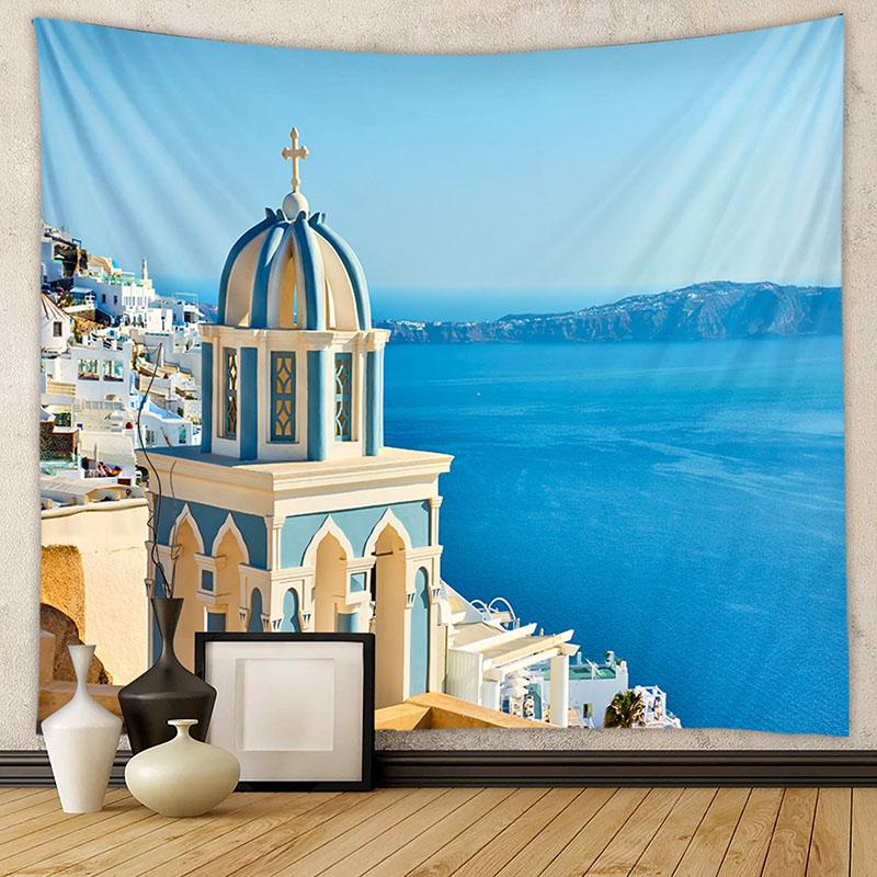 

2026 Nordic Cultural Landscape Tapestry Sky Sea House Printing Hanging Cloth Beautiful Basic Aesthetic Scenery Wall Carpet 74x94cm(29x37in)