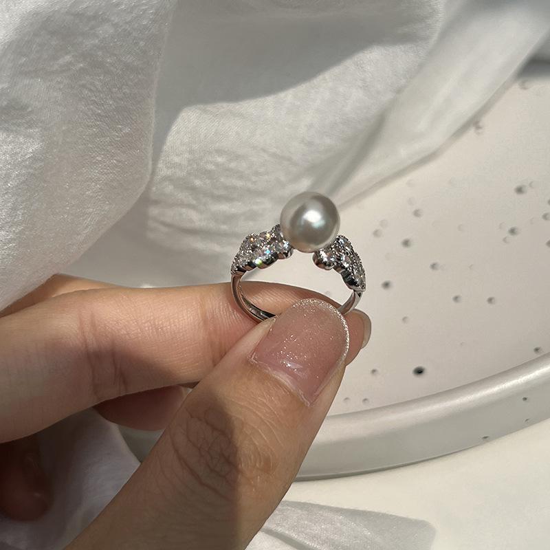 Square Sugar S925 Sterling Silver Zircon Pearl Ring - Light Luxury Index Finger Ring with Elegant Design