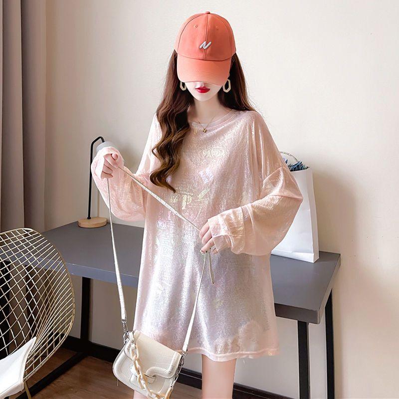 Korejský preppy styl Letní dámské O-výstřih Potisk Flitrované Ležérní Volné Dlouhý rukáv Středně dlouhé Oblečení na ochranu před sluncem Trička Topy