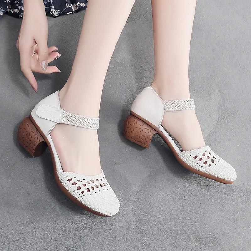 Ethnic Style Women's Shoes 2025 New Summer Baotou Breathable Women's Sandals Thick Heel Fashionable Hollow Hole Shoes