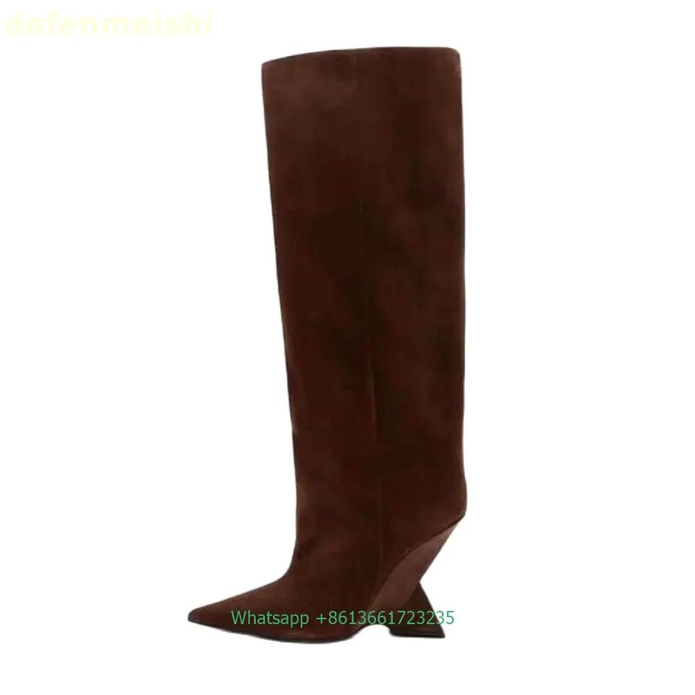 

Мода Странный Стиль Каблук Острый Носок Сапоги до Колена 2025 Зимняя Новинка Однотонные Натягивающиеся Большой Размер Женские Длинные Сапоги Кожаная Обувь 43