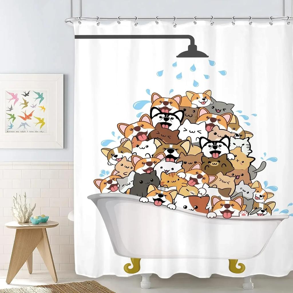 Cartoon Cute Animal Bathing Cat and Dog Shower Curtain Pattern Children's Bathroom Bathtub Decorative Polyester Shower Curtain