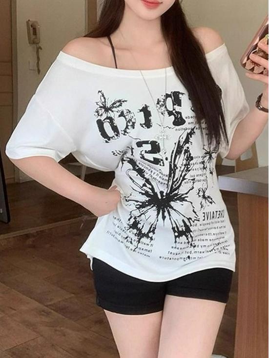 T-shirt d'été asymétrique épaules dénudées grande taille pour femme 2025