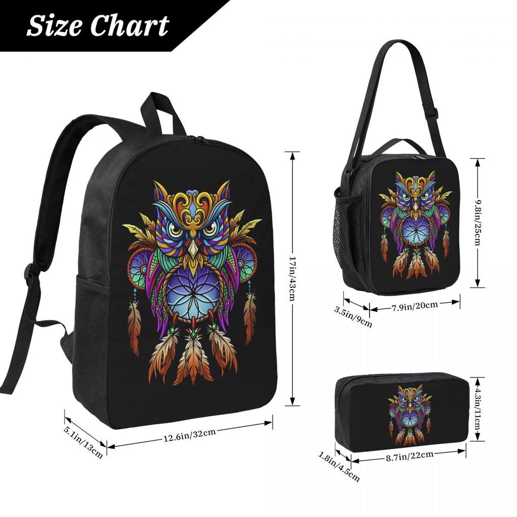 Dreamcatcher Owl Backpack Student BookBag School Bag Computer Shoulder Bags 3ps Insulated Lunch Bag Pencil Case