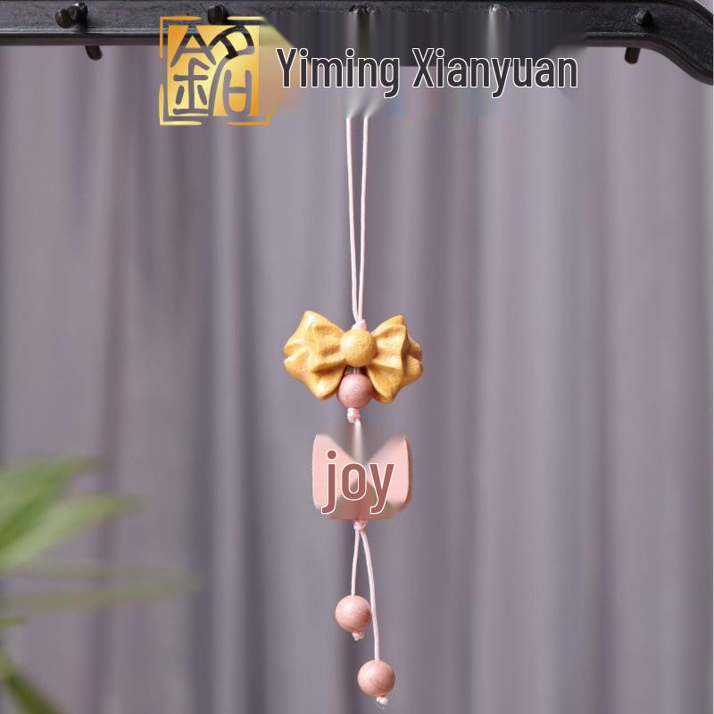 Golden Wood Carved Bow Knot Kitten Cushion Pendant - Blood Cypress Joy Plate Bag Phone Charm