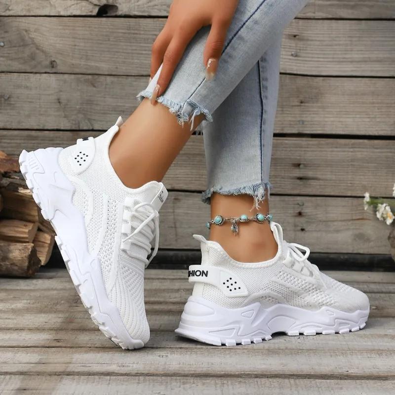 Shoes Female 2025 Knitted Women's Vulcanize Shoes Outdoor Solid Women Sneakers Round Toe Lace Up Platform Ladies Casual Shoes