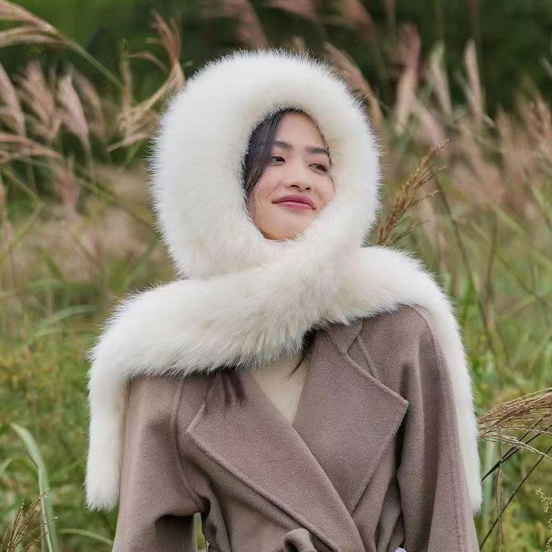 Winter Autumn New Women Casual Fashion Outdoor Keep Warm Faux Fox Fur Protect Ears Tail Russian Snow Hat Cap Collar Scarf  Wrap Shawl