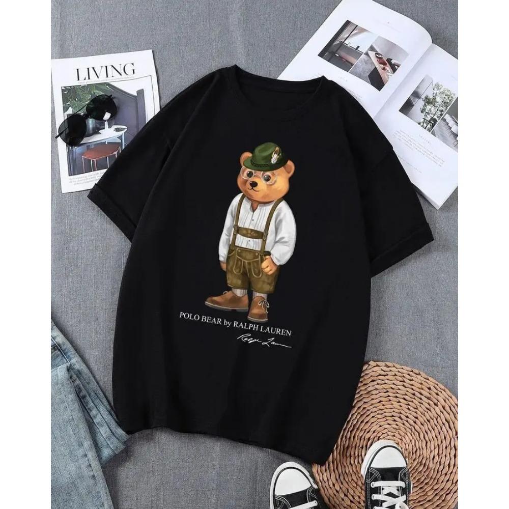 Cute Bear Printed Summer Women's T-shirt Light Luxury Trendy Brand Y2K Loose Casual Short Sleeved Top