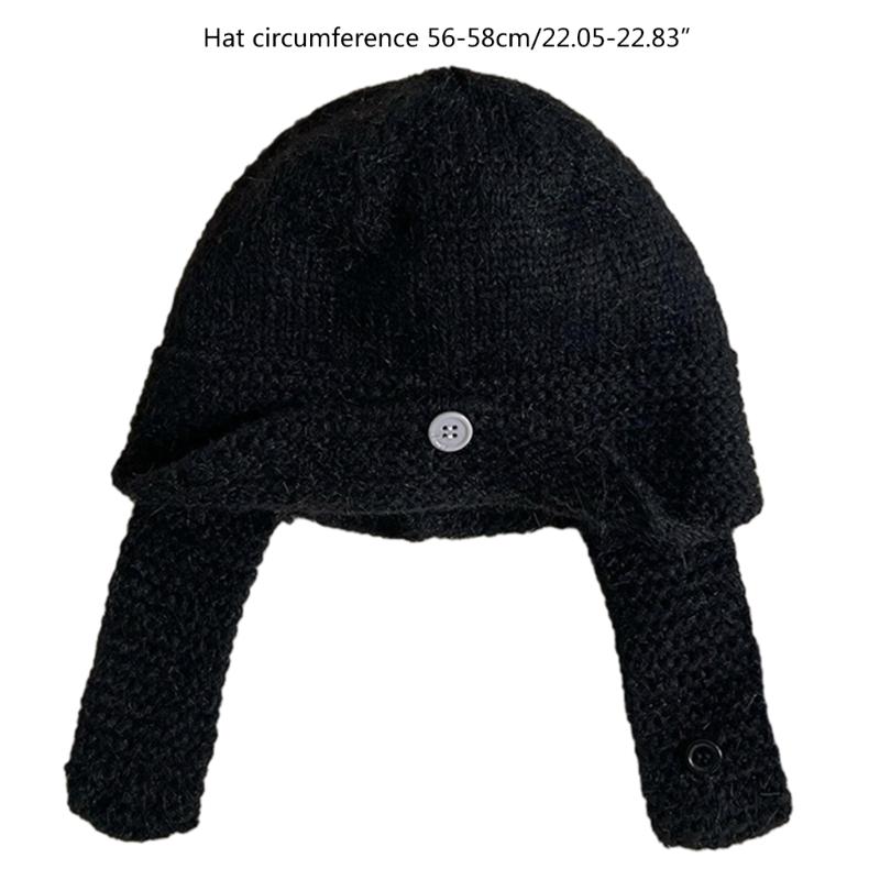 Winter Warm Knit Hat for Women Girl Button EarFlap Beanie Hat Outdoor Activity Scarf Cap Windproof Headwear Pullover Hat