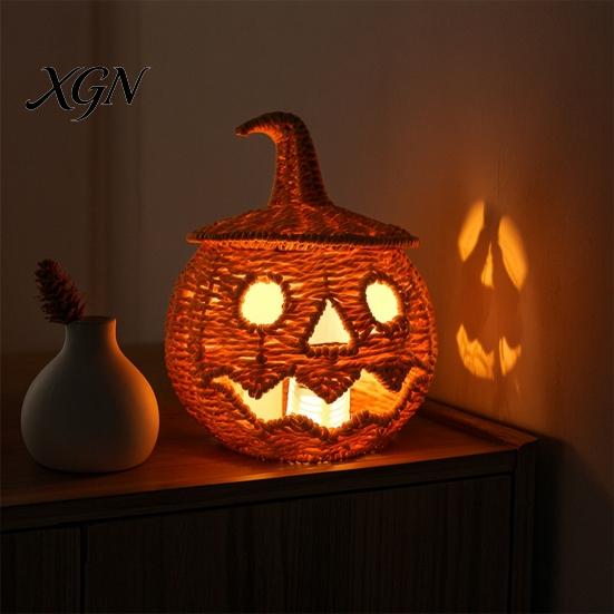 Handmade Fall Decor Handwoven Halloween Pumpkin Basket, Spooky Candy Storage Basket with Lid, Vintage Wicker LED Lantern for Light Up Candle