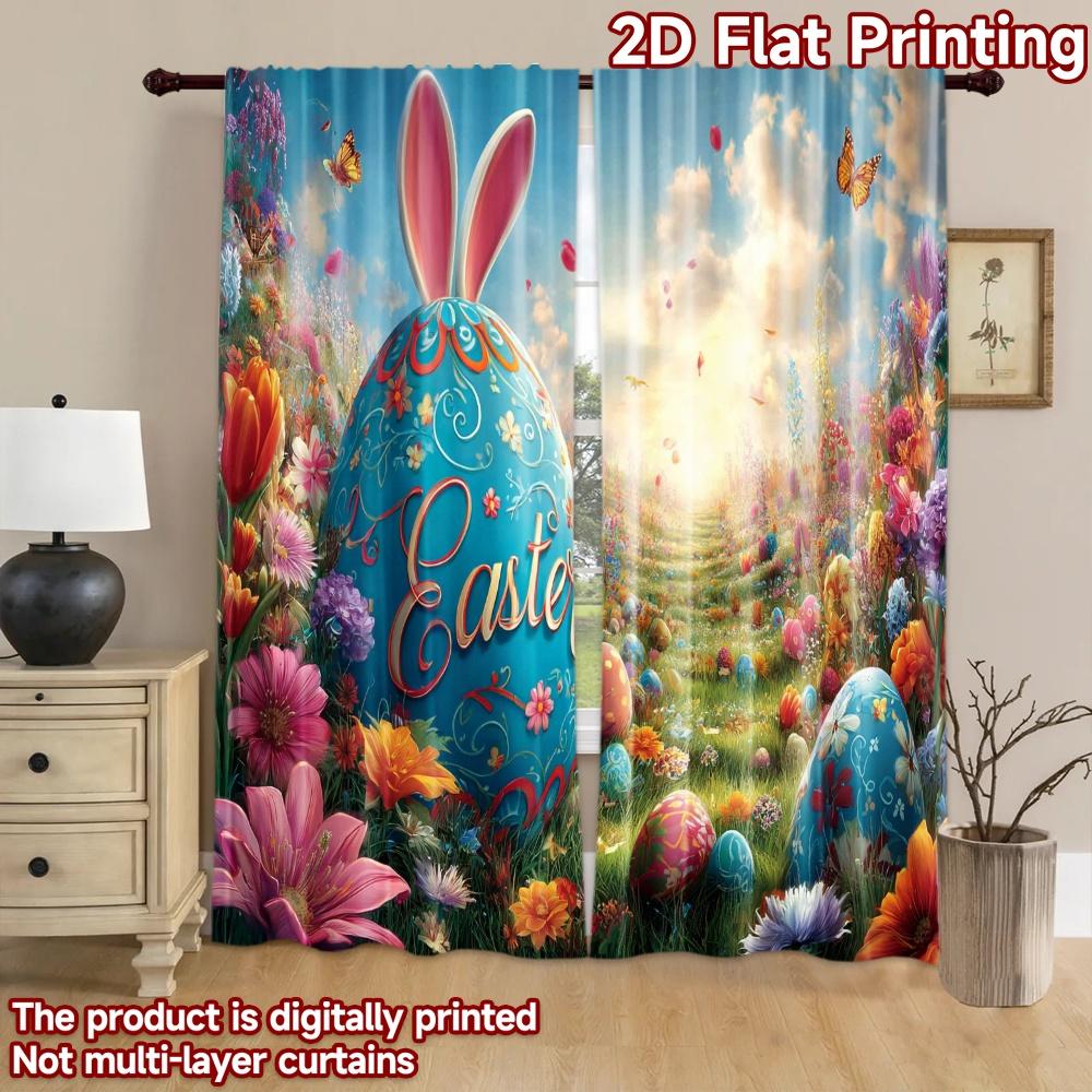 2D flat printing 2pcs Curtain Easter Bunny Flower Meadow Digital Printed Polyester Drapes Festive Holiday for Drapes for Bedroom