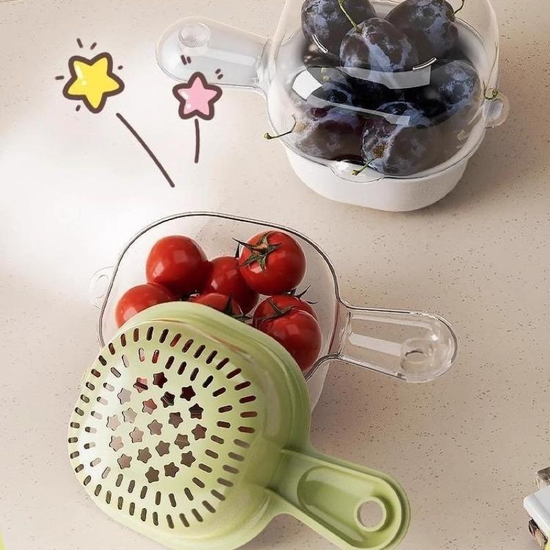 Cartoon Filter Fruit Strainer Double Layer Basket Plate With Handle Cute Plastic Bowl For Kitchens Home Uses