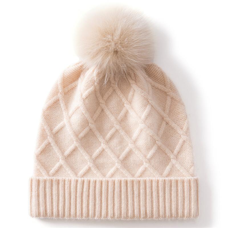 Autumn and winter new women's cashmere cycling cap headband hat rhombus grid knitted hat big hairball design soft and warm
