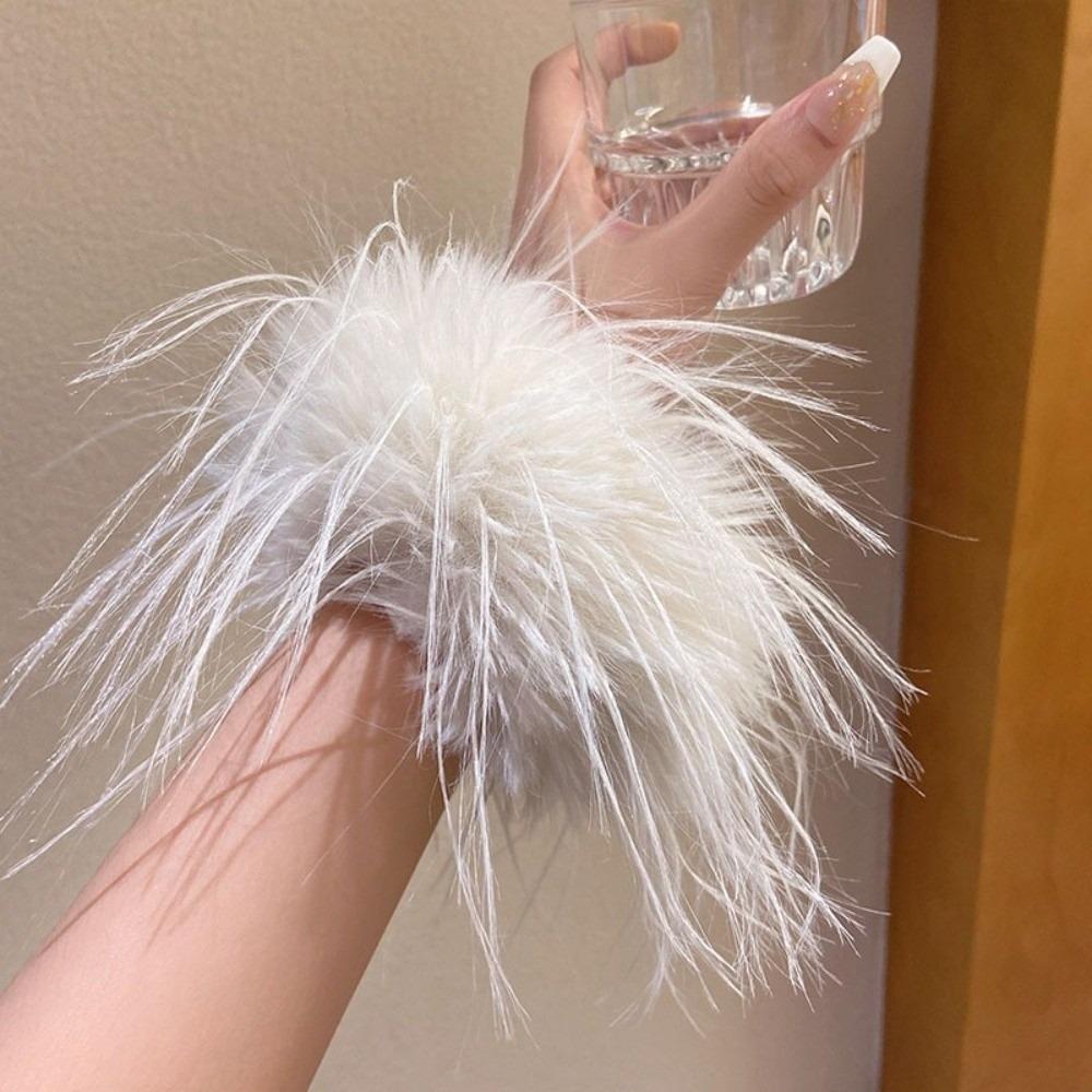 

Korean Style Feather Hair Rope Solid Color Cuff Bracelet Trendy Furry Scrunchies for Women білий