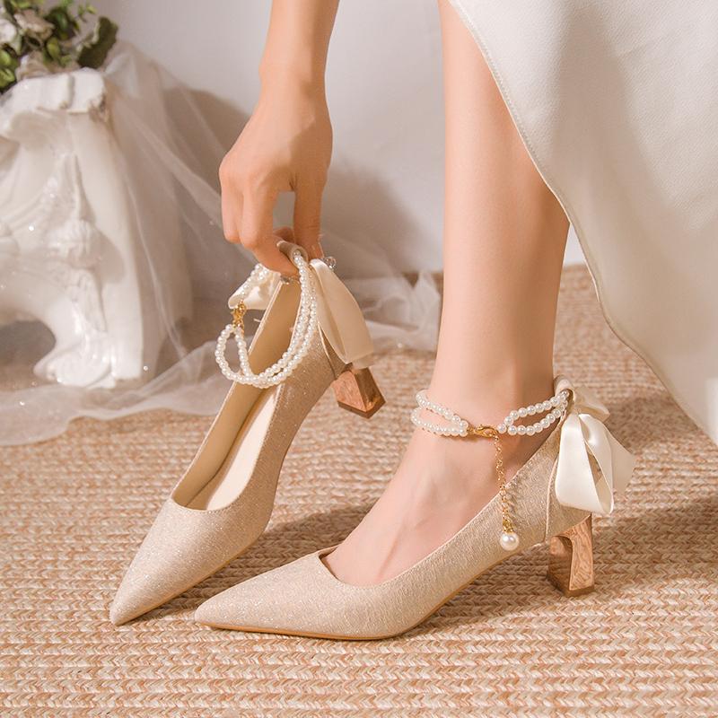 Fashion Bead Bow Women Mid Heels Shoes Designer Pointed Toe Elegant Pumps 2025 Autumn New Elegant Party Shoes Wedding Zapatillas Mujer