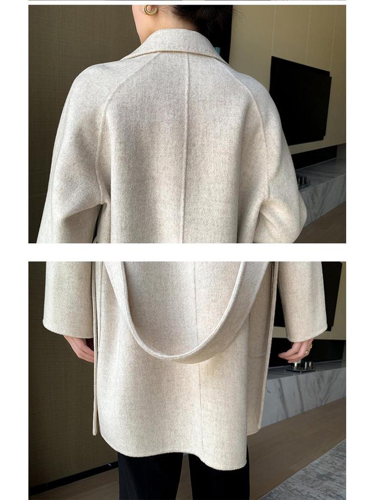 Women's High-End Double-Faced Wool Coat - New Autumn/Winter Style, Loose Mid-Length, Tie-Waist, 100% Wool Fashion Coat.