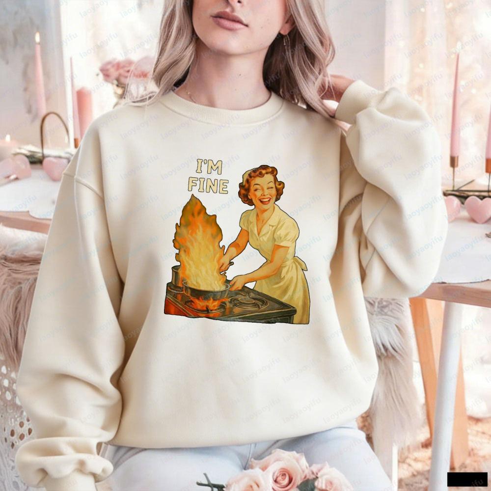 I’m Fine Retro Funny Housewife Graphic Sarcastic for Women USA Autumn and Winter Sweatshirt Long Sleeve Casual Thermal Hoodie