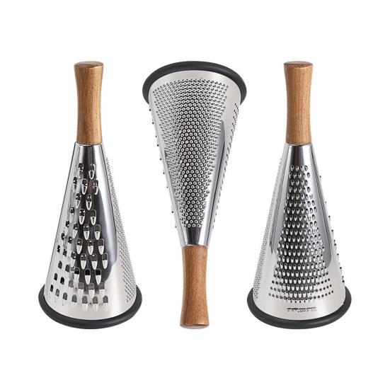 Stainless Steel Cone Cheese Grater with Wood Handle 3 Sided Vegetable Shredder for Grating Cheese Chocolate Vegetables