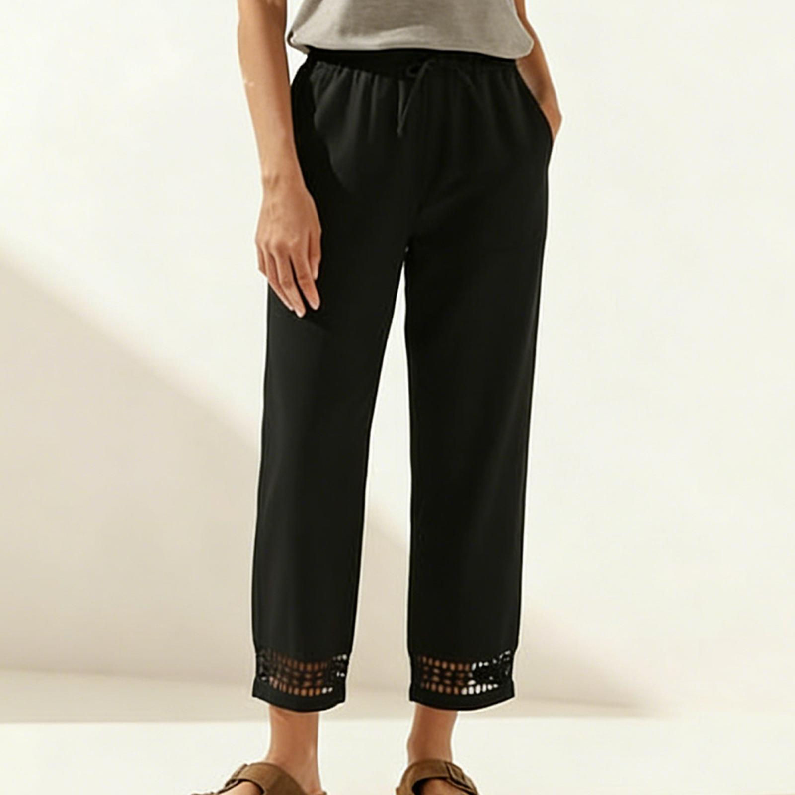 

Ladies Summer High Waisted Straight Leg Pants With Lace Bottom And Pocket Casual Pants XL чорний