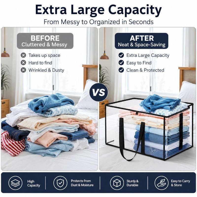 1Pc Heavy-Duty Waterproof Moving Storage Bag With Reinforced Handles And Zipper, Transparent Foldable Organizer Bag With Mesh Sides For Easy Viewing