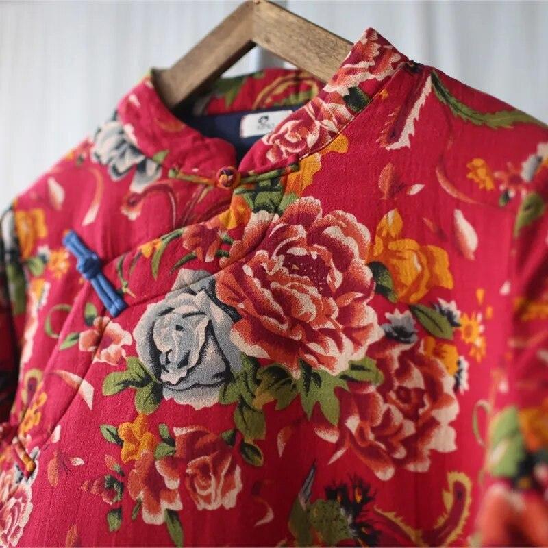 Johnature Women Vintage Print Floral Parkas Plus Chinese Style Coats Button Long Sleeve Stand Clothes Spring Parkas
