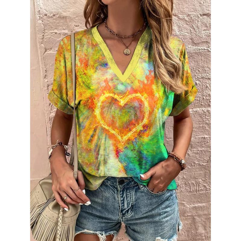 

Summer Women s V-Neck T-Shirt Outdoor Casual Short Sleeve Tops Fashion Love Style Pattern OverSize Women s Clothing XL