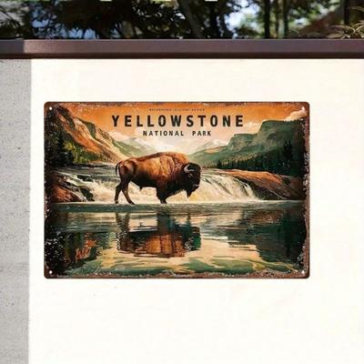 Metallposter Wandkunst Retro Vintage Nationalpark Bison für Küche Landhausstil