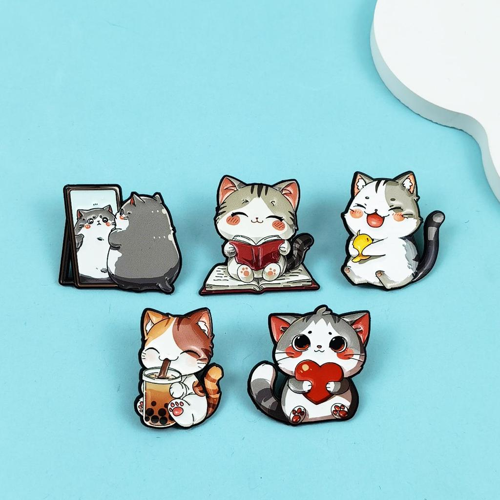 Cute Kitten Cartoon Brooch: Smiling Animal Badge for Clothing & Backpacks