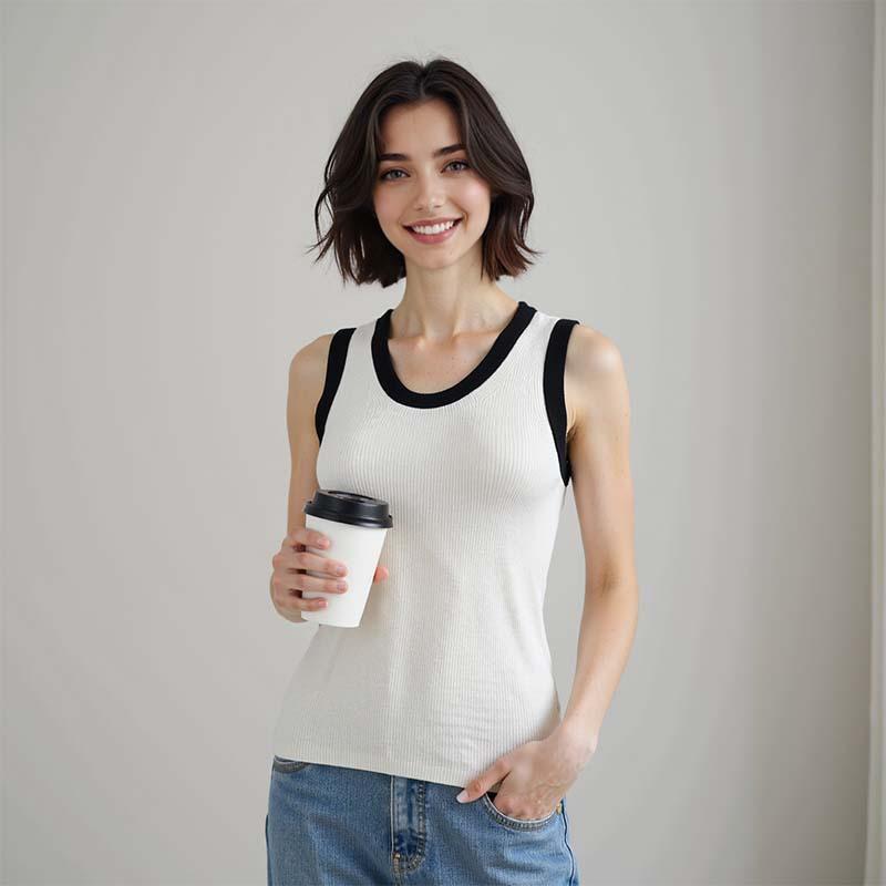 Sleeveless Contrasting Color Splicing Worsted 0 Wool Sling Vest Top Women's Design Sense Versatile Inside and Thin Base
