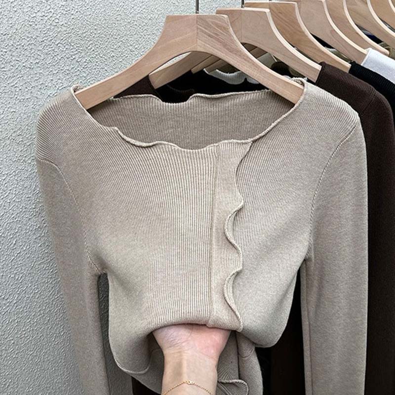 Sweater for Women Autumn Winter Thickened Warm Knitted Stretchy Long Sleeve Solid Color Round-neck Tops
